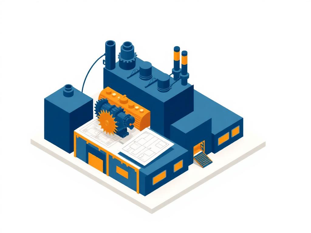 Ilustração isométrica de uma fábrica industrial