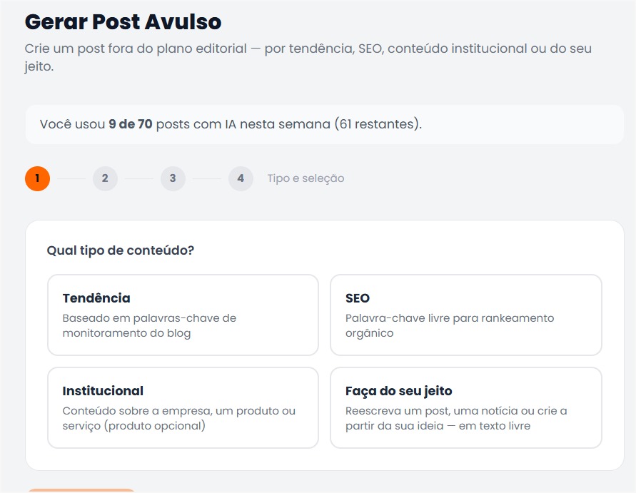 Painel de tipos de post da Findable